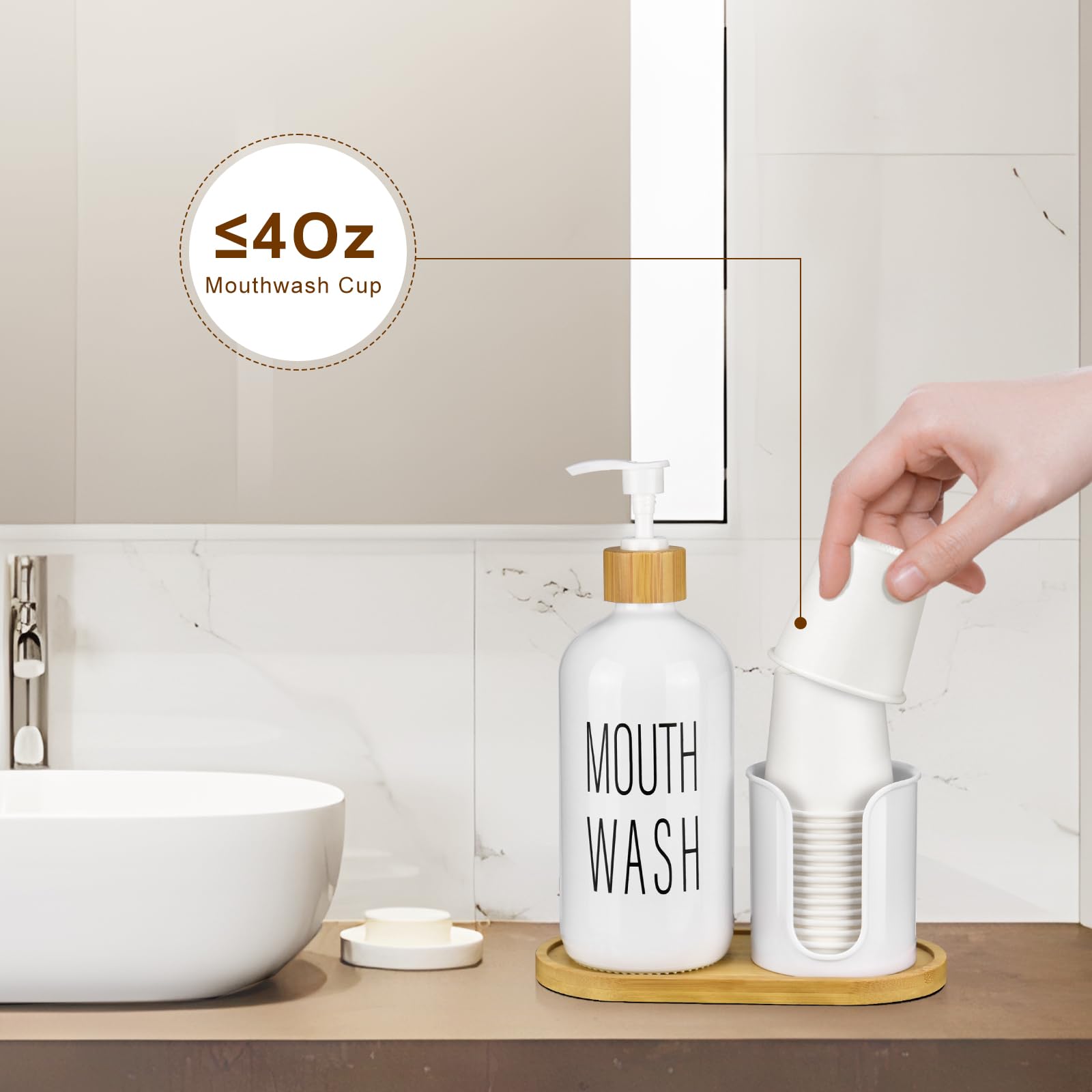 Byaway Glass Mouthwash Dispenser With Cup Holder - 16 Oz Pump Bottle White Mouthwash Container For Bathroom - 14 Mouthwash Cups,